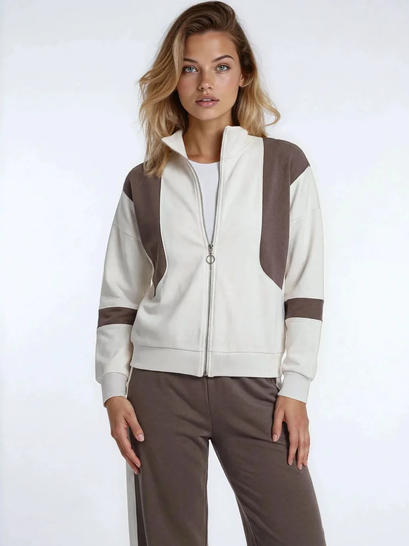 HICCUP Modal Touch Color Blocked Zipper Collar Wide Leg Two-Piece Set Bersan Collection